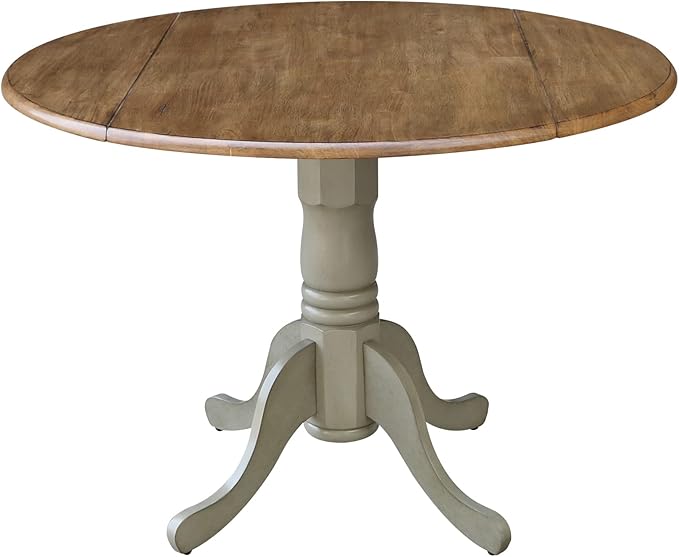 IC International Concepts, 42" Round Dual Drop Leaf Pedestal Dining Table, Solid Real Wood, Sturdy Parawood, Distressed Hickory/Stone