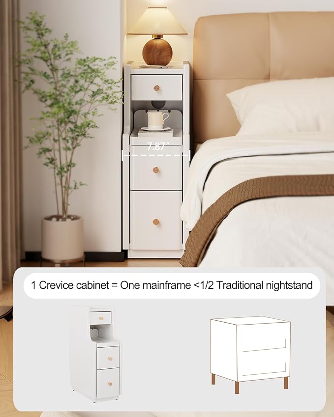 Narrow Nightstand with 3 Drawers,Solid Wood Small Nightstand White, Modern Small Bedside Tables for Bedroom(Fully Assembly)