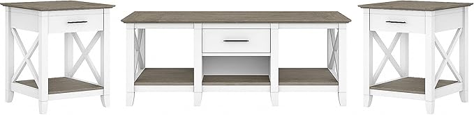 Bush Furniture Key West Coffee Table with Set of 2 End Tables in Pure White and Shiplap Gray