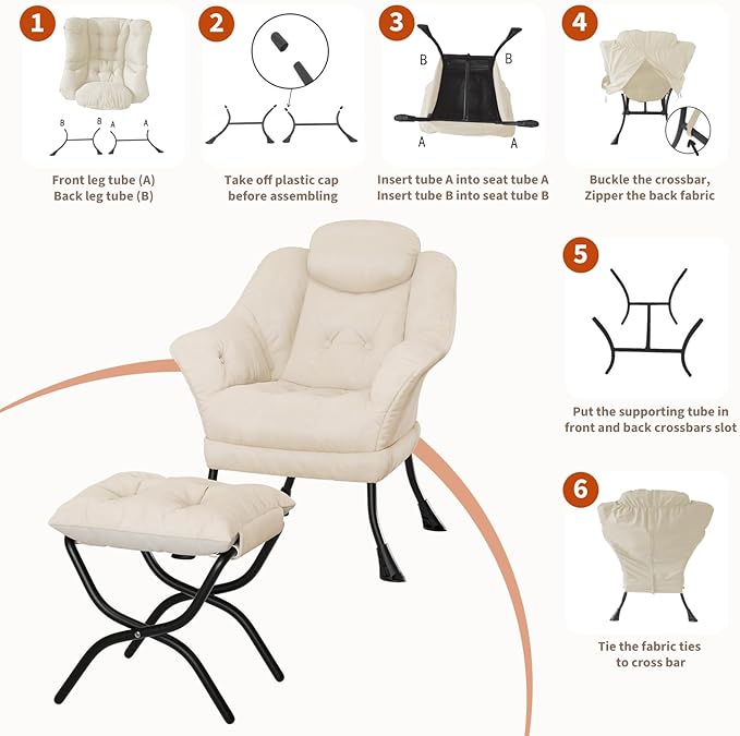 IDEALHOUSE Lazy Chair with Ottoman - Modern Living Room Chairs for Small Spaces, Ergonomic Reading Chair with Armrests, Comfy Chair with Ottoman for Bedroom & Living Room, Beige