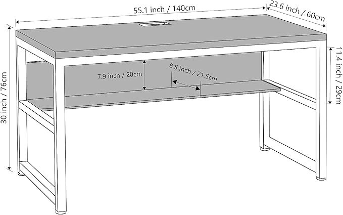 TOPSKY Computer Desk with Bookshelf/Metal Hole Cable Cover 1.18" Thick Desk (55", Rustic Brown)