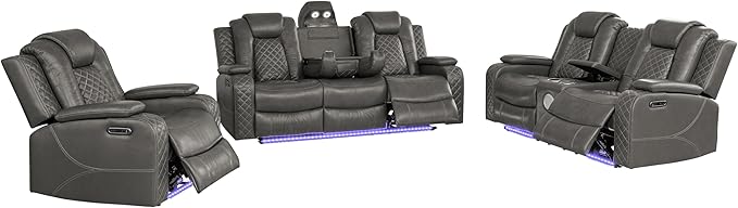 Ball & Cast Power Recliner Sofa Set Leather Reclining Sofa Set Living Room Furniture Set 3PCS Recliner Couch Loveseat & Chair Sets with Wireless Charging,Bluetooth Speaker,Cup Holders for Home Theater