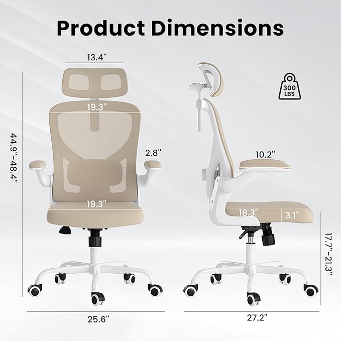 Ergonomic Office Chair, Comfy Home Office Chair High Back Computer Chair with Headrest, Adjustable Back Support, Flip-Up Arms, 90-120° Tilt and Wide Cushion, Up to 300lbs, Khaki+White