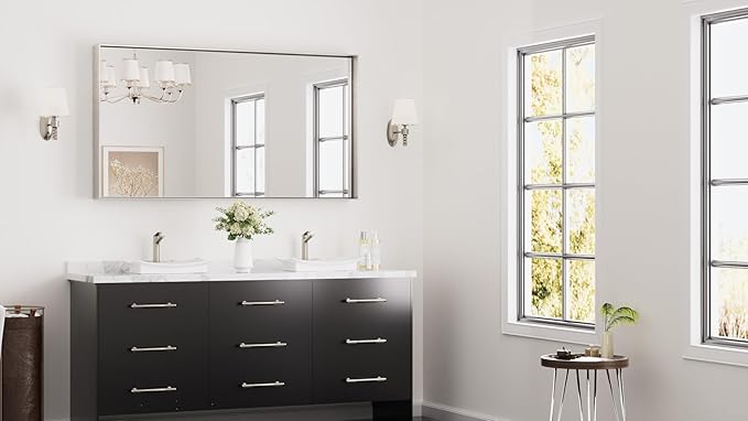 Keonjinn 55 x 30 In Brushed Nickel Bathroom Mirror for Wall, Rectangular Metal Framed Large Silver Vanity Mirror for Over Sink Square Corner Aluminum Alloy Modern Rectangle Mirror(Horizontal/Vertical)