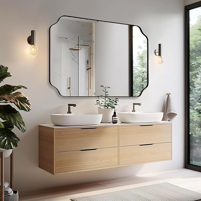 ANDY STAR Matte Black Mirror 26x38 Inch, Scalloped Wall Mirror, Unique Rectangular Bathroom Mirror in Premium Stainless Steel Metal Frame 1’’ Deep, Hangs Vertically/Horizontally