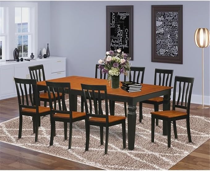 East West Furniture LGAN9-BCH-W 9 Piece Dining Table Set Includes a Rectangle Dining Room Table with Butterfly Leaf and 8 Wooden Seat Chairs, 42x84 Inch, Black & Cherry