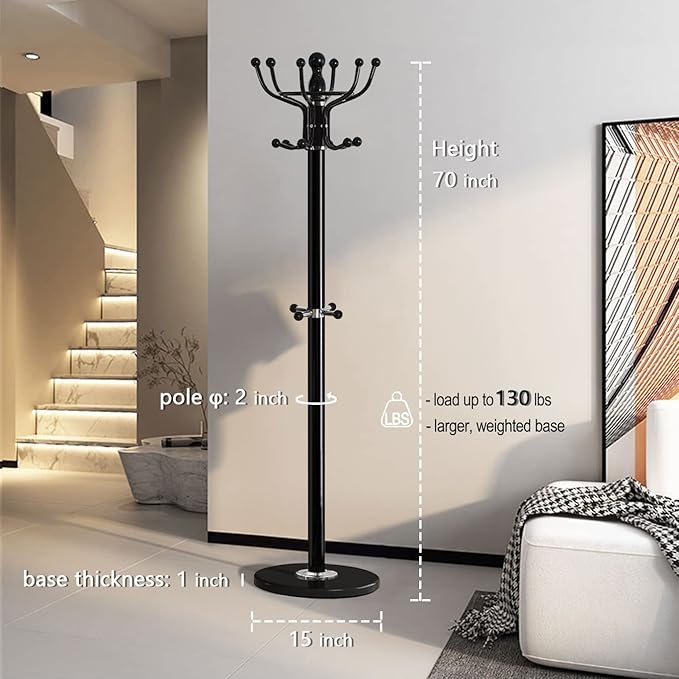 Kertnic Freestanding Coat Rack with 16 Hooks & Marble Base - Heavy Duty Metal Hall Tree Stand for Entryway, Hats, Coats, Bags Rack- Modern Hanger Organizer for Home, Office, Dorm (16 hooks -Black)