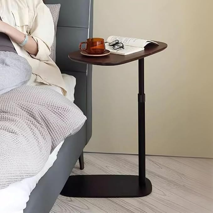 Modern Minimalist C Shaped Side Table, Wooden Sofa Table with Adjustable Height and Swivel Top, Laptop Desk for Living Room, Bedroom, Study and Small Spaces, Walnut Wood