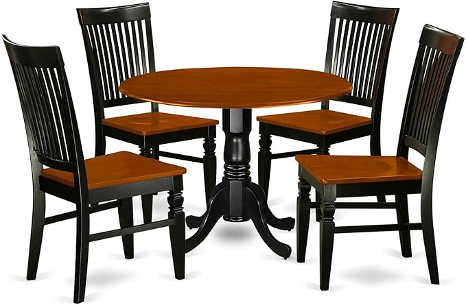 East West Furniture DLWE5-BCH-W 5 Piece Kitchen Table & Chairs Set Includes a Round Dining Room Table with Dropleaf and 4 Solid Wood Seat Chairs, 42x42 Inch, Black & Cherry