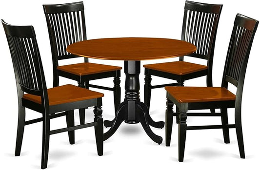 East West Furniture DLWE5-BCH-W 5 Piece Kitchen Table & Chairs Set Includes a Round Dining Room Table with Dropleaf and 4 Solid Wood Seat Chairs, 42x42 Inch, Black & Cherry