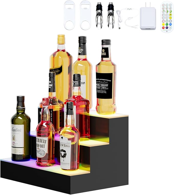 Dethan 3 Tier 16 Inch Liquor Bottle Display Shelf - Wine Racks with Multi-Color App & Remote Control, Adjustable Brightness & Sound Modes, Acrylic Bar Shelves Displays