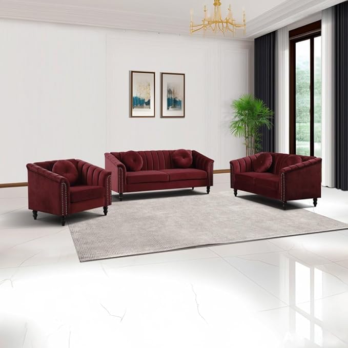 60" Loveseat Sofa, Microfiber Chesterfield Upholstered Sofas Love Seat, Couch Chair Sets with Style Button Tufted, Scroll Arms and Nailhead for Living Room, Office, Apartment-Red