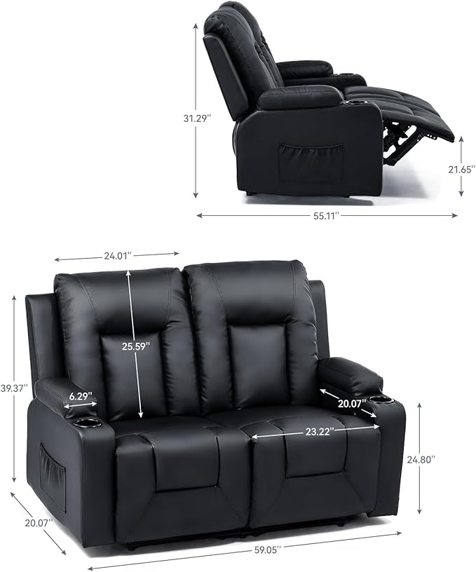 LUCKLIFE Leather Recliner Sofa Set with Manual Recliners,Living Room Furniture Set with Reclining Couch,Loveseat and Armchair,Living Room Chair with Cup Holders,Black (2+1)