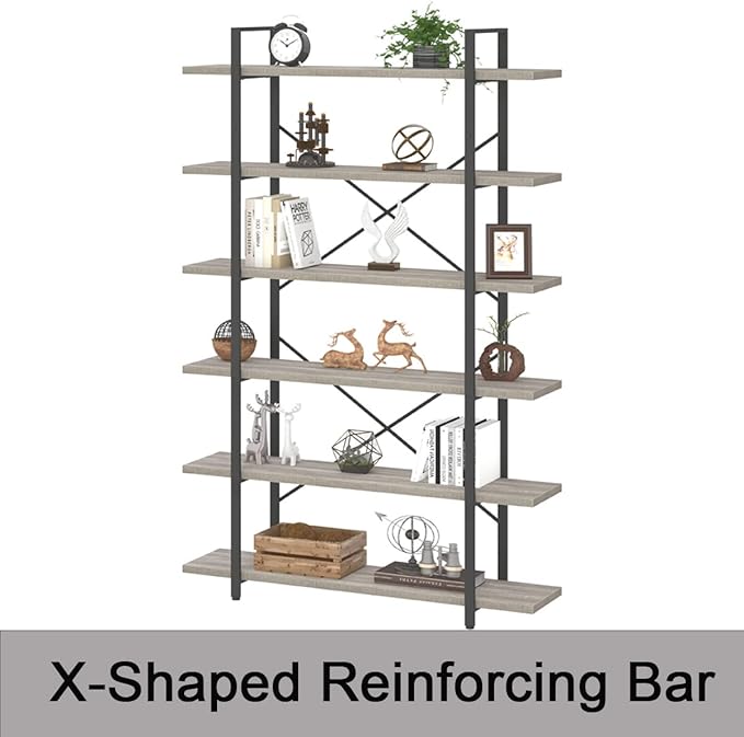 HSH 6 Tier Tall Bookshelf, Metal Wood Vertical Display Book Shelf, Industrial 6 Shelf Bookcases and Book Shelves Storage Rack, Large Open Book Case for Bedroom Living Room Office, Light Grey Oak