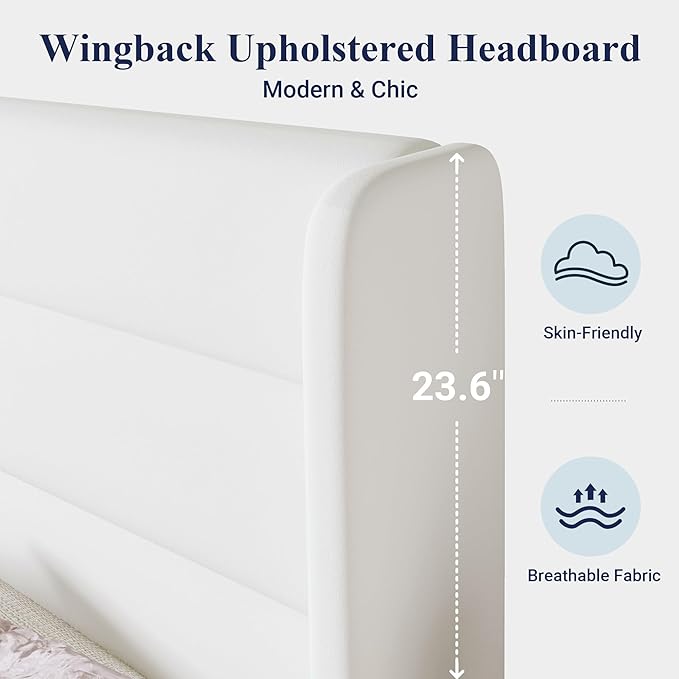 Allewie Queen Size Platform Bed Frame with Velvet Upholstered Wingback Headboard, No Box Spring Needed, Under Bed Storage Space, Strong Wooden Slats, Modern Mattress Foundation, Easy Assembly, White