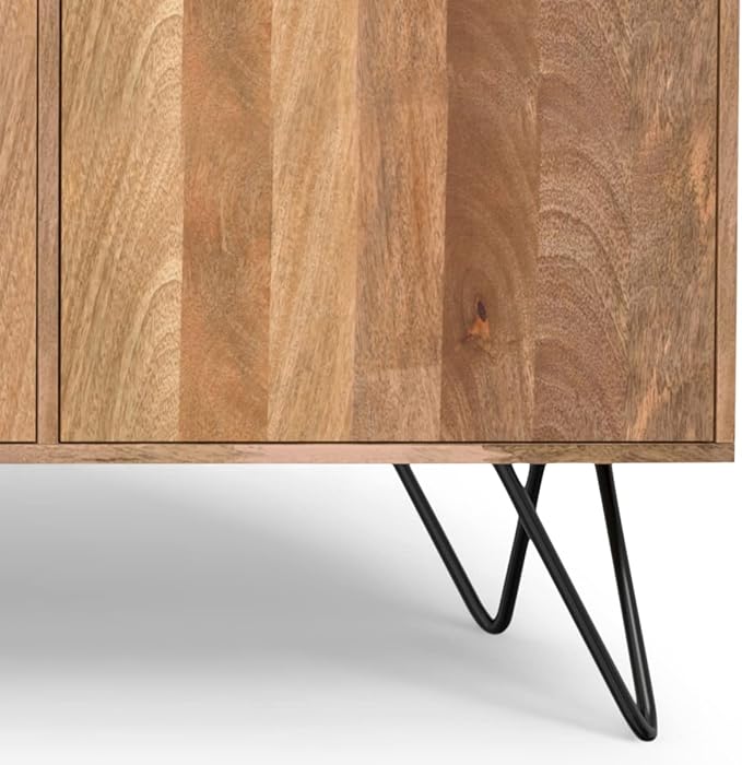SIMPLIHOME Hunter Buffet - 60 inch Wide Solid Mango Wood 3-Door Sideboard Buffet in Natural, Contemporary Storage Cabinet for Dining Room or Kitchen with Adjustable Shelves and Metal Legs