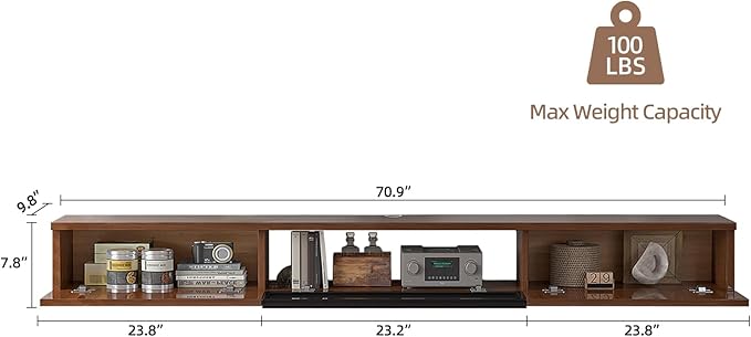 High Gloss Floating TV Stand,70'' Wall Mounted TV Console,Under TV Floating Shelf,Floating TV Cabinet with 3 Doors for Bedroom Living Room(Walnut)