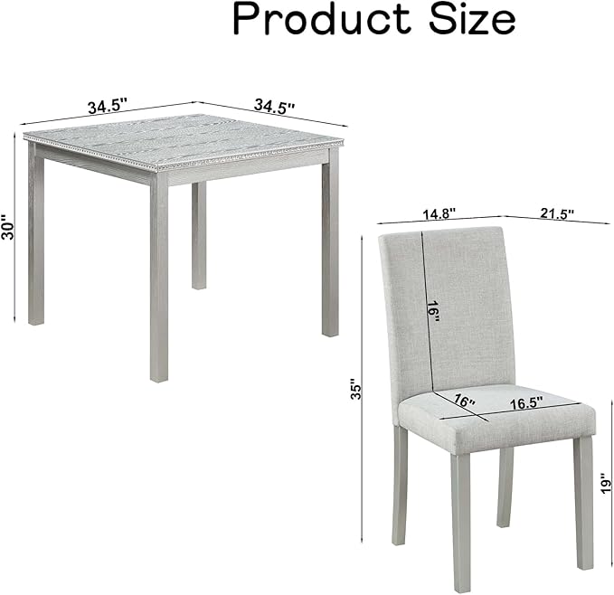 Dining Table Set for 4, 5-Piece Kitchen Table & Chairs Set with Versatile Square Table & 4 Upholstered Chairs, 34.5'' Dinner Set with Crystal Decorations & Wood Grain Design, Silver Gray