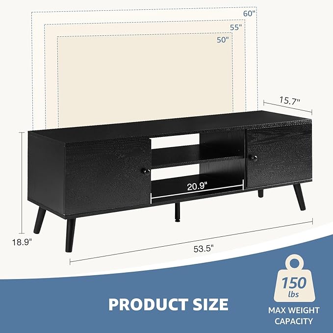 DUMOS TV Stand for 55 60 inch TV, Entertainment Center with Storage Cabinet, Mid Century Modern Media Console Table, Adjustable Hinge, Wooden Television Furniture for Living Room, Office