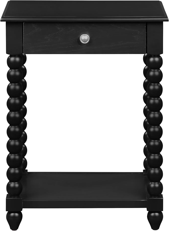 OSP Home Furnishings Elise Cottage Style Table with Spindle Legs, Open Storage Shelf, Side Table, Black Finish