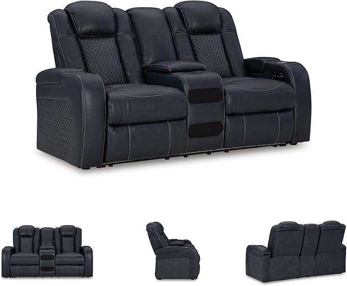 Signature Design by Ashley Fyne-Dyme Contemporary Power Reclining Loveseat with Console, USB Charging Ports and Adjustable Headrest, Blue