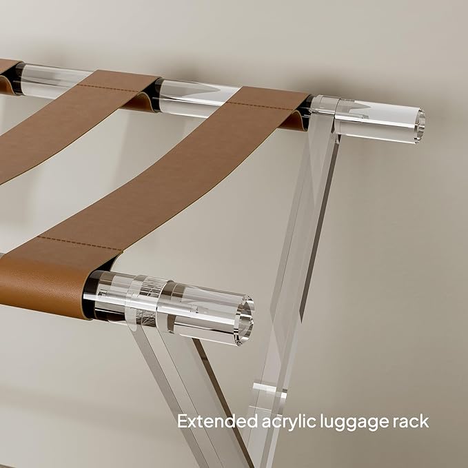 Sumerflos Acrylic Luggage Rack for Guest Room - Foldable Suitcase Stand with Leather Straps for Bedroom Living Room Hotel Heavy-Duty, Holds up to 50-100 lb lightweight Space Saving (Brown & Handle - 2 Pcs)