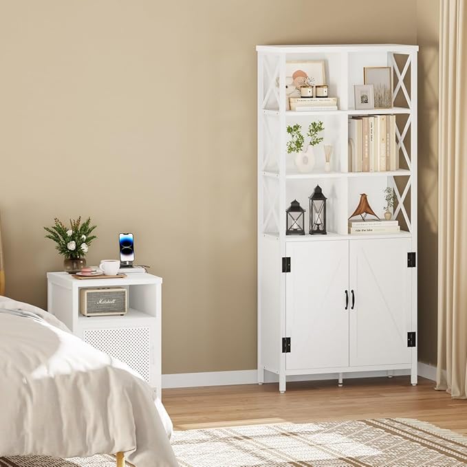 FATORRI Tall Bookshelf and Bookcase, Industrial Bookshelf with Doors, Bookcase with Storage, Cube Storage Organizer Bookshelves, Wood Book Shelf for Living Room, Home Office (White Oak, 67 Inch)