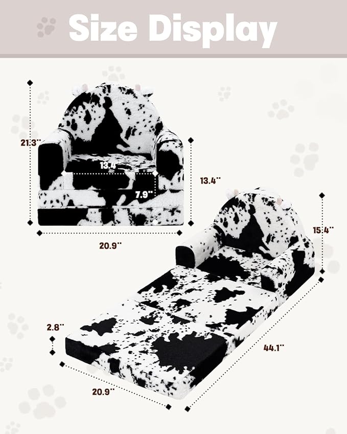 2-in-1 Toddler Chair and Couch – Soft Faux Rabbit Fur, Cow Pattern Design, Fold Out Seat for Reading & Nap, Ages 1–3