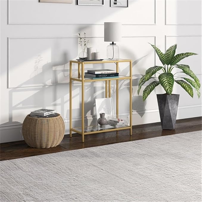 Henn&Hart 22" Wide Rectangular Console Table with Glass Shelves in Brass, Entryway Table, Accent Table for Living Room, Hallway