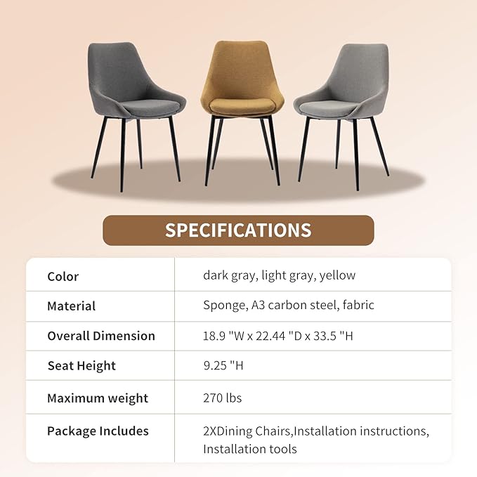 Dining Chairs Set of 2 Ergonomic Living Room Chairs Dark Grey Kitchen Chairs,Loads Up to 270lbs,Quick Assembly,Dining Room Chairs with Arms for Kitchen,Dining, Bedroom, Living Room