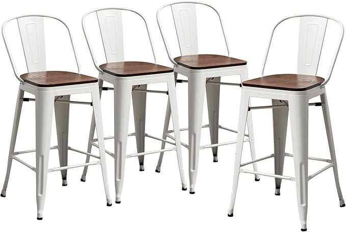 Yongqiang Metal Bar Stools Set of 4 Kitchen Island Counter Height Bar Stools High Back Farmhouse Barstools with Large Wooden Seat 24 inch Cream White