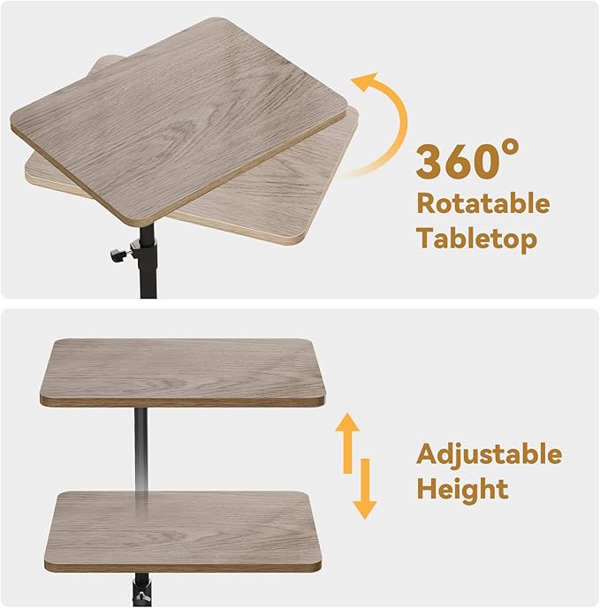 NiHome Minimalist Height Adjustable End Table, 360° Rotatable Sofa Armrest Side Tray Table, Adjustable Legs Space-Saving Couch Bedside Bathtub TV Tray C-Shaped End Table Snack Table for Eating (Gray)