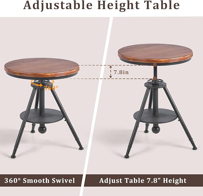 Dia 19.7" Round Pub Table Height Adjustable with 360 Swivel Solid Wood Tabletop for Dining Bistro Cafe Home Bar, Rustic Brown
