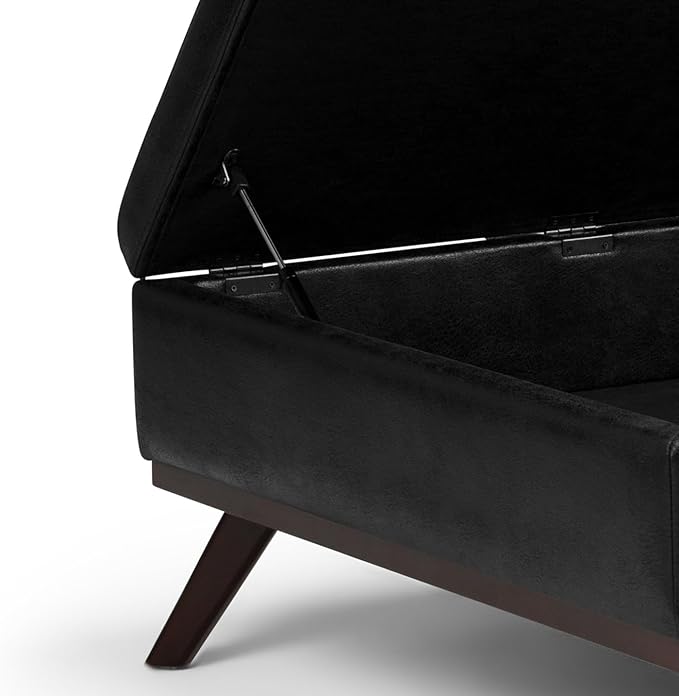 SIMPLIHOME Owen 36 inch Wide Mid Century Modern Square Coffee Table Storage Ottoman in Distressed Black Vegan Faux Leather, Assembled, for the Living Room, Entryway and Family Room