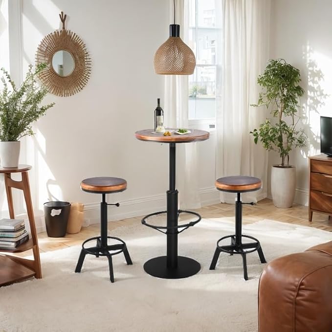 LOKKHAN 42" Tall Rustic Industrial Bar Table-19.68" Dia Round Wooden Top Metal Bar Height Adjustable Standing Pub Table-Dining Room Bistro Table-Cocktail Table