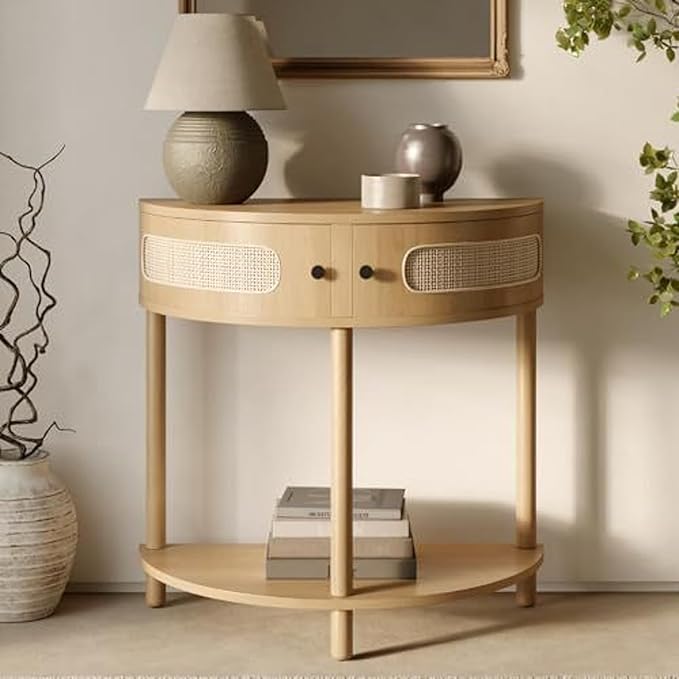 Rattan Half Moon Shaped Entry Table, Small Console Table with Storage, Modern Home Decor, Cane Console Table, Solid Wood Entryway Table with 2 Doors & Black Knobs (Natural Oak)