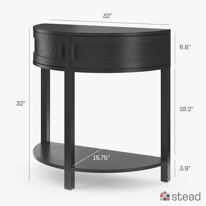 Living Room Furniture Sofa Table Half Moon - 32 in x 15.75 in, Blackened Oak Rustic Wood - Console Table with Storage & Black Knobs for Hallway & Entryway Decor