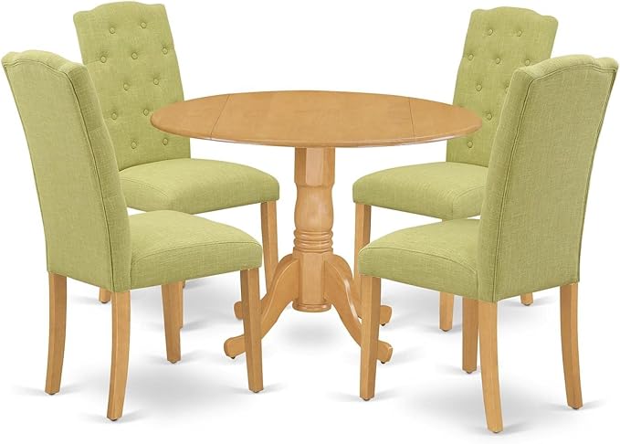 East West Furniture DLCE5-OAK-07 5 Piece Dining Table Set for 4 Includes a Round Kitchen Table with Dropleaf and 4 Limelight Linen Fabric Parson Dining Chairs, 42x42 Inch, Oak
