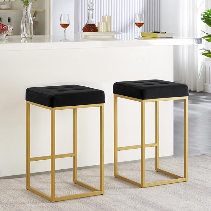 24KF Contemporary Counter Height Bar Stool Set of 2 for Kitchen Island, 26" H Velvet Padded Gold Barstool Bar Chair,5066-Black