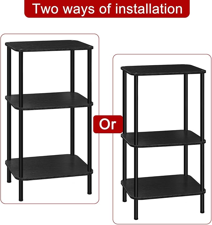 smusei 3 Tier Small End Table Tall Telephone Table with Storage Shelves Black Sidetable for Small Spaces Tall Night Stand Table for Bedroom, Living Room, Office, Sofa Couch
