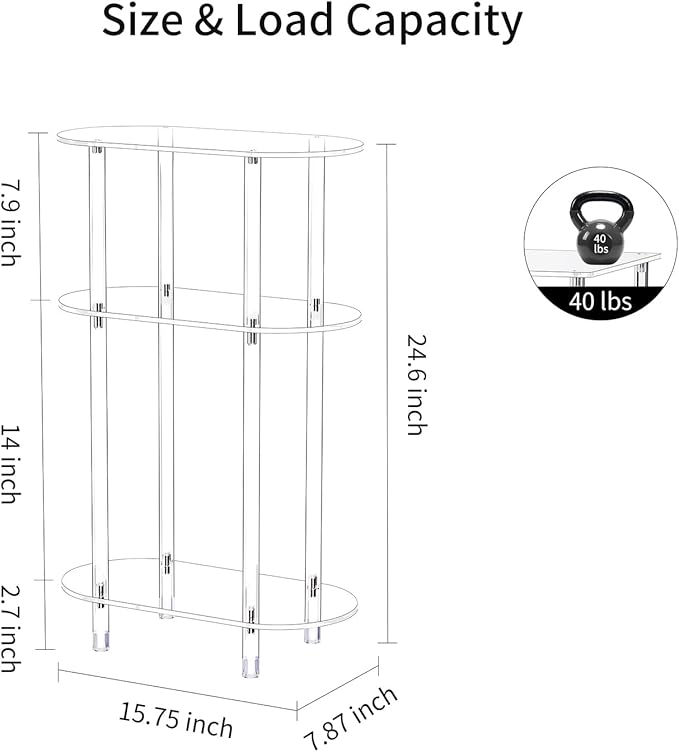 Clear Acrylic Narrow Side Table for Small Spaces, 15.75" L x 7.87" W x 24.6" H, 3 Tier Oval Slim End Table Nightstand, Small Minimalist Skinny Bedside Table for Bedroom, Bathroom, Living Room