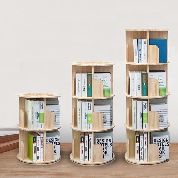 Heehee Rotating Wooden Bookshelf 360 Display 4 Tier Floor Standing Bookcase Storage Rack for Kids&Adults Solid Wood Bookshelf Organizer