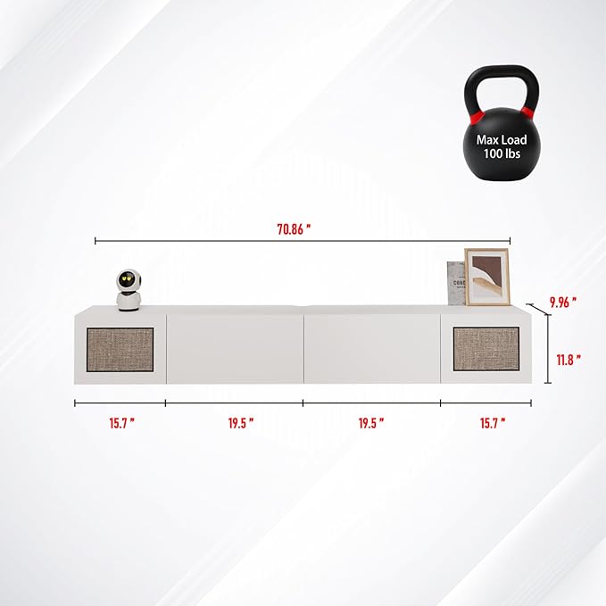 Pmnianhua Boho Floating TV Stand 70", Modern Wall Mounted Media Console with Cotton-Rayon Doors for Under TV Shelf,Entertainment Center,Living Room,Bedroom(White)