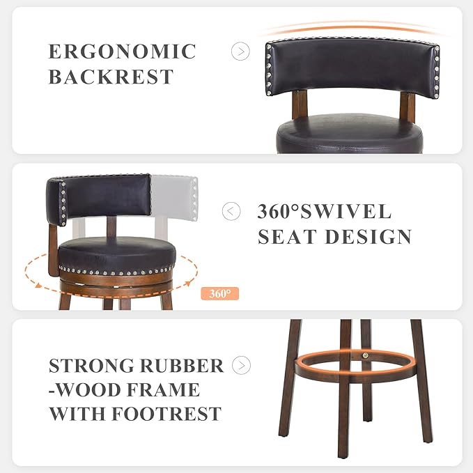 COLAMY Swivel Bar Stools Set of 4, 30 Inch Swivel Bar Height Bar Stools, Wood Swivel Barstools with Back, Modern Upholstered Wooden Barstools for Kitchen Island Dining Room Bar, Dark Brown