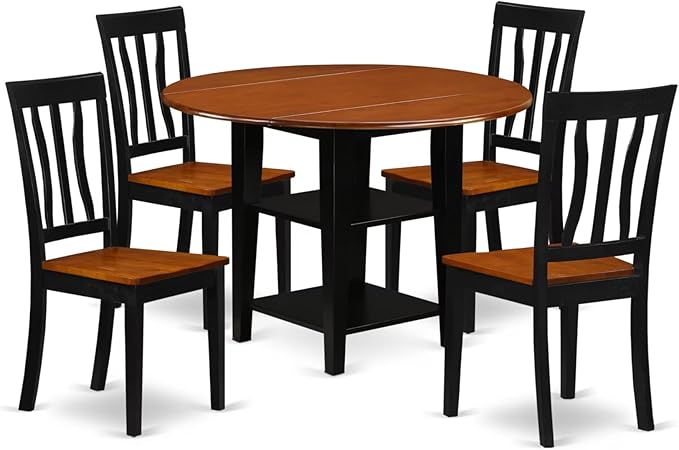 East West Furniture SUAN5-BCH-W 5 Piece Dining Set Includes a Round Dining Room Table with Dropleaf & Shelves and 4 Wood Seat Chairs, 42x42 Inch, Black & Cherry