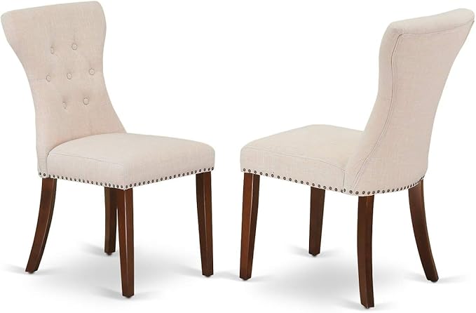 East West Furniture MLGA3-MAH-32 3 Piece Dining Room Table Set Contains a Rectangle Kitchen Table with Butterfly Leaf and 2 Light Beige Linen Fabric Parson Chairs, 36x54 Inch, Mahogany