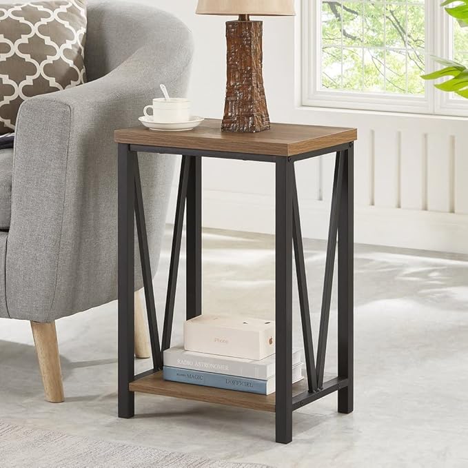 FOLUBAN Side Table with Storage Shelf, Rustic End Table for Living Room, Wood and Metal Nightstand for Bedroom, Oak
