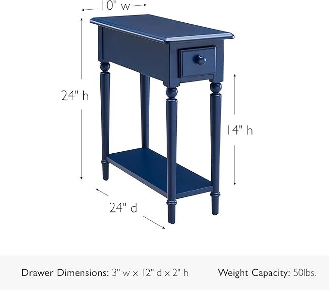 Leick Home Coastal End Table, Solid Wood, 1 Drawer, Bottom Display Shelf, Easy-Assembly, for Living Room/Bedroom, Navy, 23.5 in L x 10 in W x 24 in H, 20017-NV