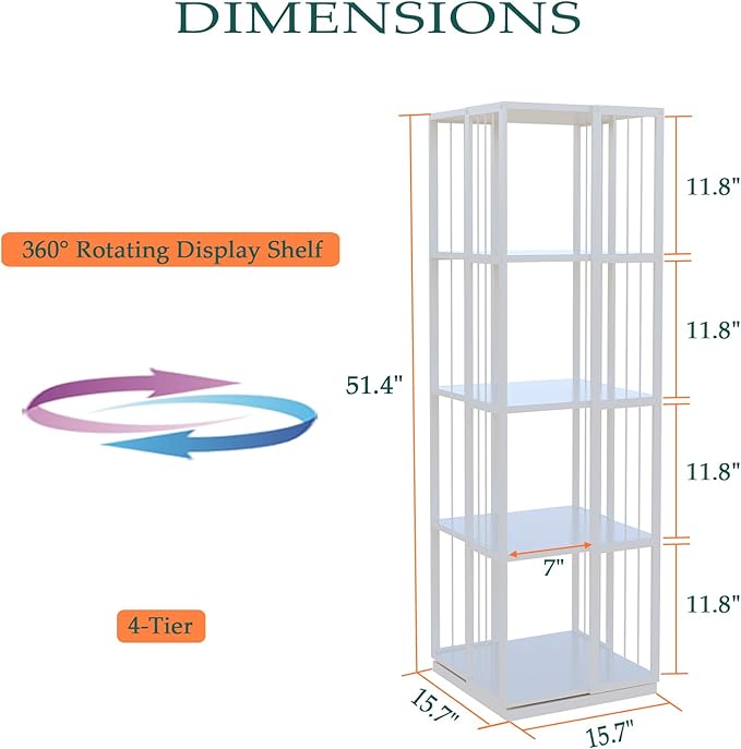 Square Rotating Bookshelf Tower - 360 Spinning Display Corner Bookcase for Narrow Space, Modern 4-Tier Revolving Storage Shelf, White