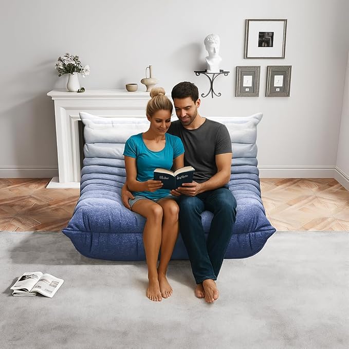 Bean Bag Chairs for Adults, Memory Foam Couch Loveseat Sofa Chair, Soft Teddy Material Cozy Comfy Reading Nook Chairs, Floor Chair for Living Room Bedroom Office(Blue-White)